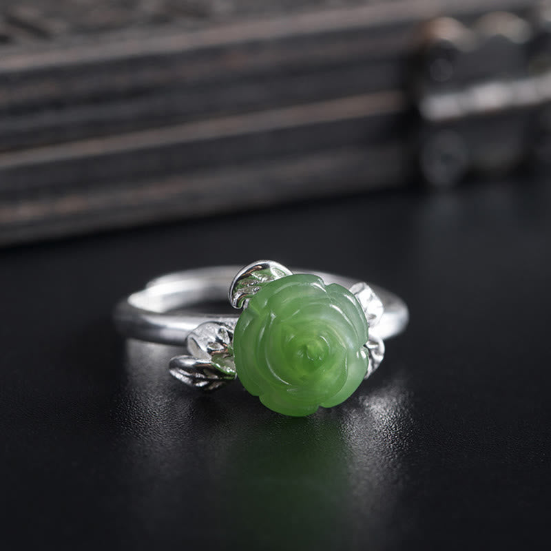 Buddha Stones 925 Sterling Silver Jade Green Rose Luck Adjustable Ring