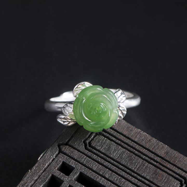 Buddha Stones 925 Sterling Silver Jade Green Rose Luck Adjustable Ring - Jade Rose(Circumference: 56-59mm) - image 0
