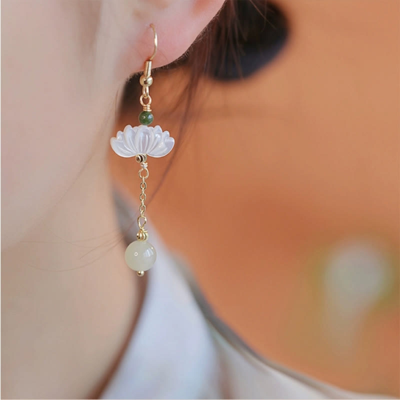 Buddha Stones Hetian Jade Lotus Prosperity Earrings