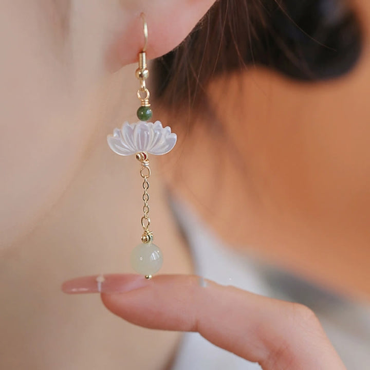 Buddha Stones Hetian Jade Lotus Prosperity Earrings