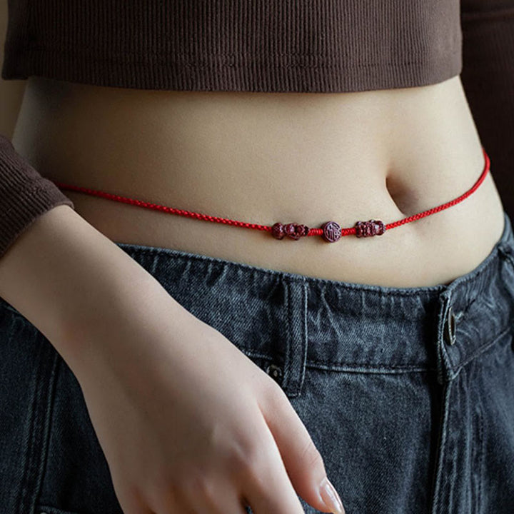 Buddha Stones Natural Cinnabar PiXiu Calm Blessing Red String Belly Chain