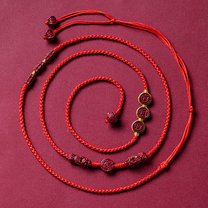 Buddha Stones Natural Cinnabar PiXiu Calm Blessing Red String Belly Chain