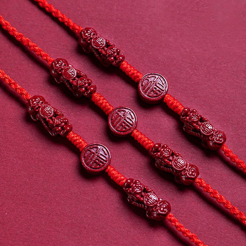 Buddha Stones Natural Cinnabar PiXiu Calm Blessing Red String Belly Chain