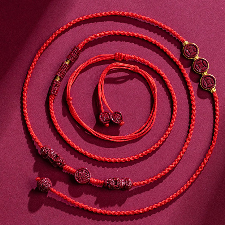 Buddha Stones Natural Cinnabar PiXiu Calm Blessing Red String Belly Chain