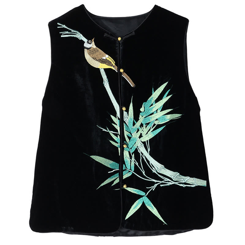 Buddha Stones Vintage Embroidery Bird Bamboo Pattern Vest