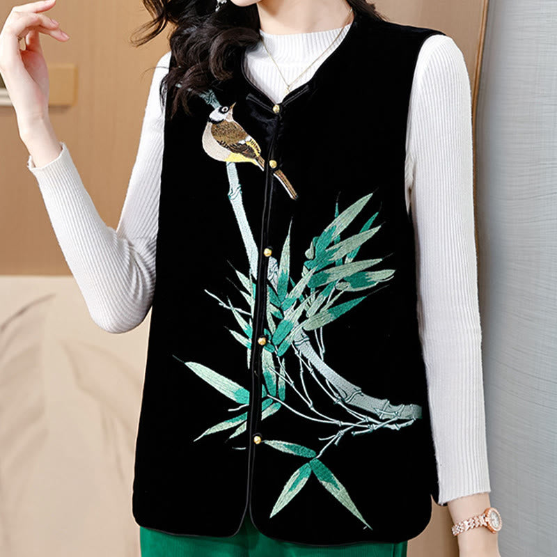 Buddha Stones Vintage Embroidery Bird Bamboo Pattern Vest