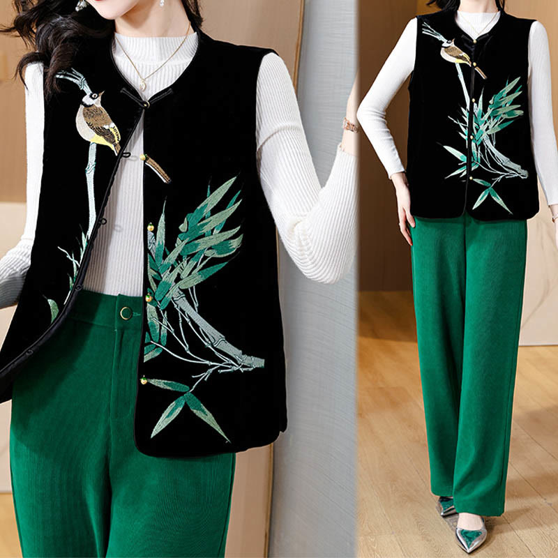 Buddha Stones Vintage Embroidery Bird Bamboo Pattern Vest