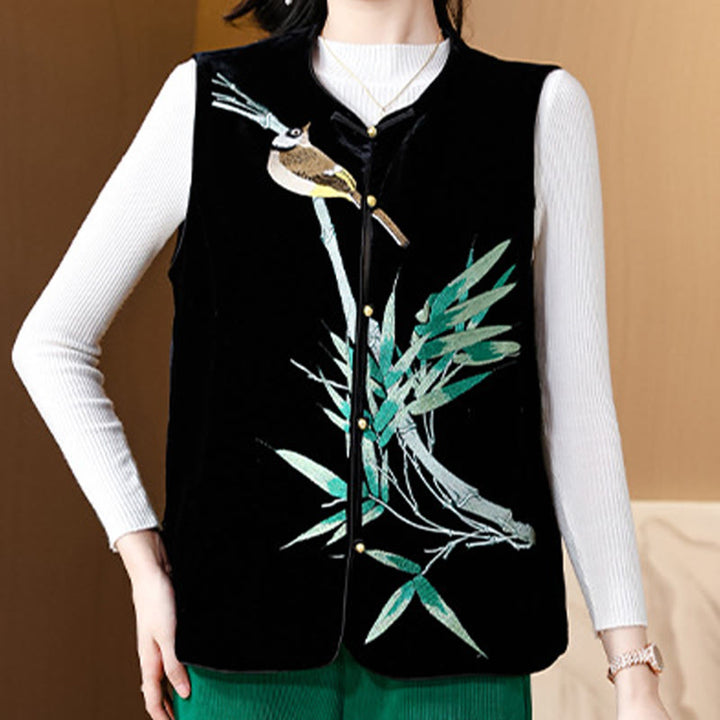 Buddha Stones Vintage Embroidery Bird Bamboo Pattern Vest