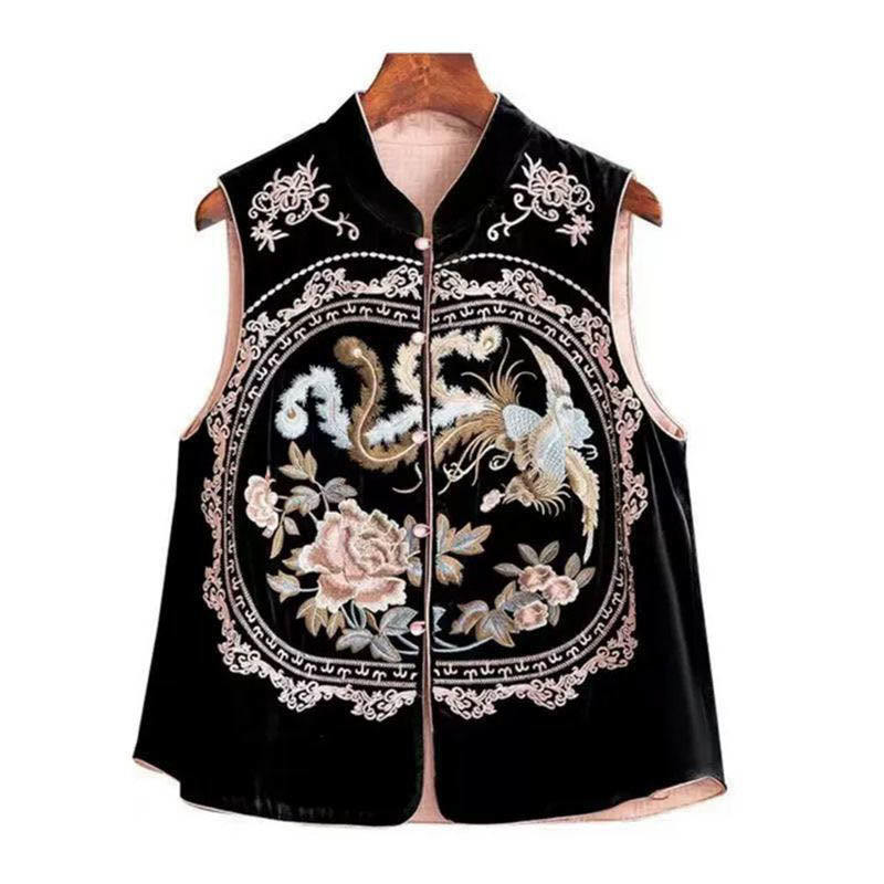 Buddha Stones Vintage Embroidery Flower Leaves Pattern Tang Suit Design Vest