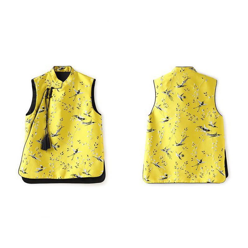 Buddha Stones Vintage Embroidery Crane Plants Pattern Knot Button Vest - image 11