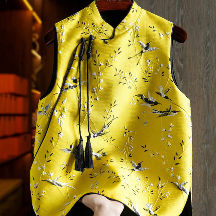 Buddha Stones Vintage Embroidery Crane Plants Pattern Knot Button Vest - Yellow - US12，UK/AU16，EU44 (3XL) - image 0