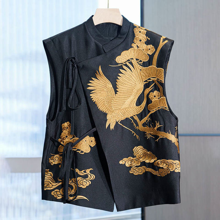 Buddha Stones Vintage Embroidery Golden Crane Cloud Pattern Vest - Golden - US12，UK/AU16，EU44 (3XL) - image 0