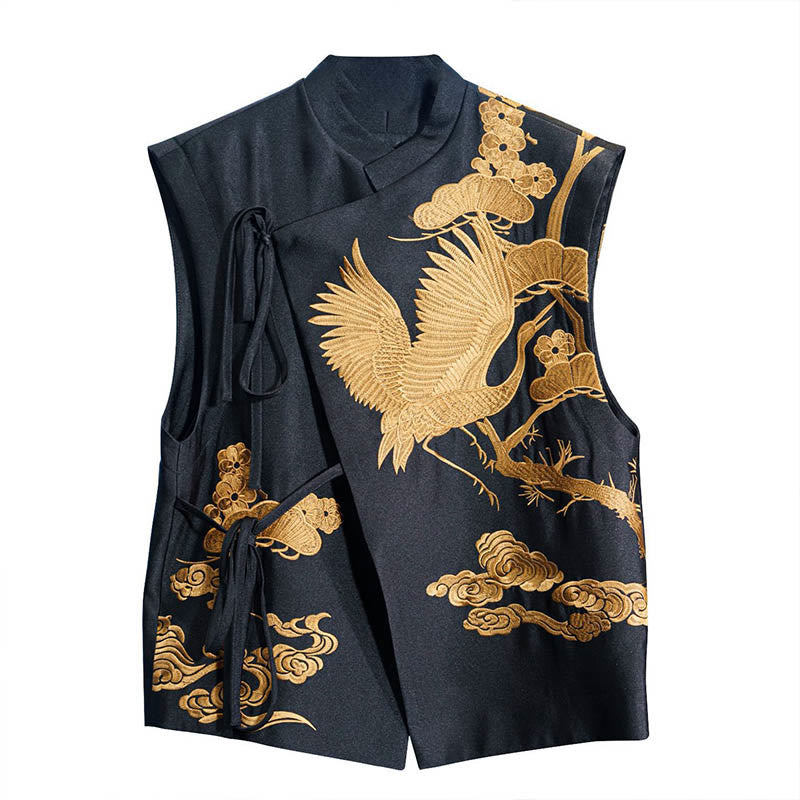Buddha Stones Vintage Embroidery Golden Crane Cloud Pattern Vest - image 3