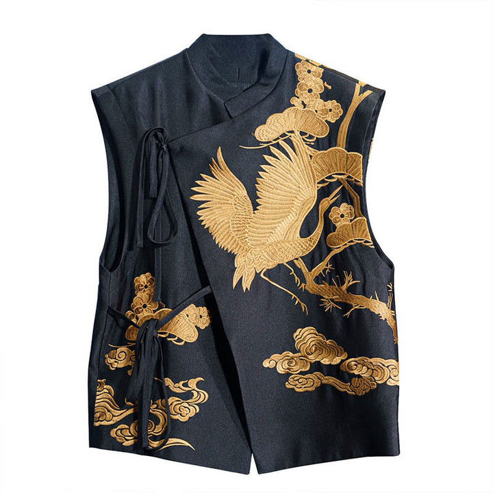 Buddha Stones Vintage Embroidery Golden Crane Cloud Pattern Vest - image 3