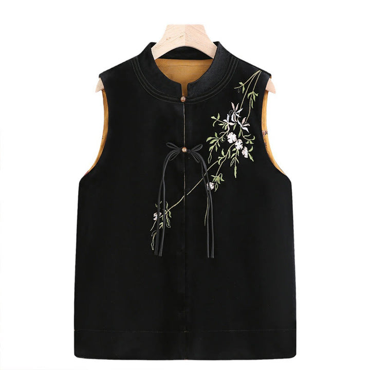 Buddha Stones Vintage Embroidery Leaves Flowers Pattern Velvet Vest