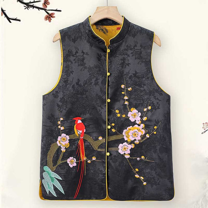 Buddha Stones Vintage Embroidery Plum Blossom Pattern Double-Sided Wear Vest - Black - US16，UK/AU20，EU48 (5XL) - image 0