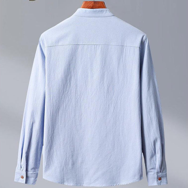 Buddha Stones Stand Collar Pure Color Casual Cotton Linen Shirt