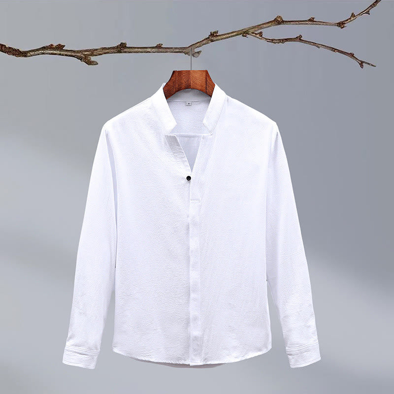 Buddha Stones Stand Collar Pure Color Casual Cotton Linen Shirt