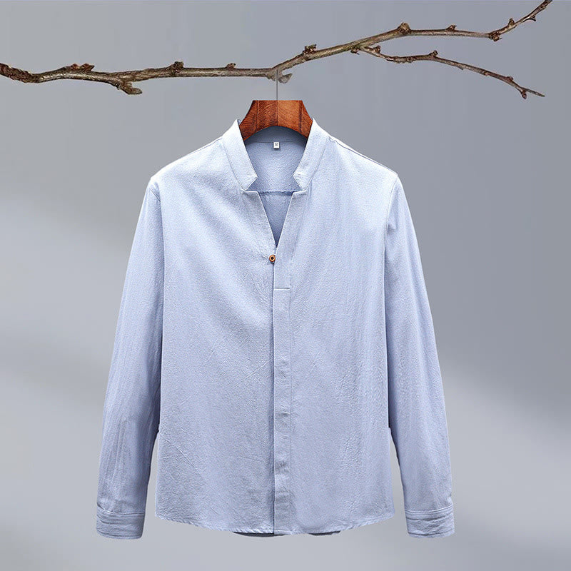 Buddha Stones Stand Collar Pure Color Casual Cotton Linen Shirt