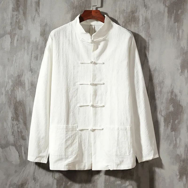 Buddha Stones Stand Collar Tang Suit Casual Cotton Linen Shirt - White - US/UK/AU44，EU54 (5XL) - image 1