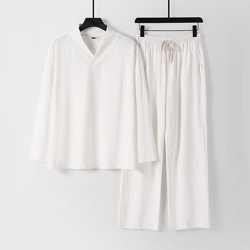 Buddha Stones Cross-Collars Cotton Tang Suit Hanfu Top Pants Clothing Men's Set - White - US/UK/AU54，EU64 (9XL) - image 19