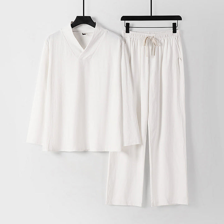 Buddha Stones Cross-Collars Cotton Tang Suit Hanfu Top Pants Clothing Men's Set - White - US/UK/AU54，EU64 (9XL) - image 19