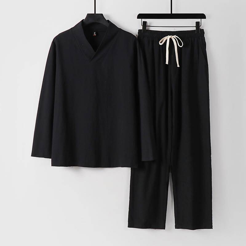Buddha Stones Cross-Collars Cotton Tang Suit Hanfu Top Pants Clothing Men's Set - Black - US/UK/AU54，EU64 (9XL) - image 6