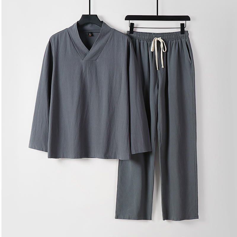 Buddha Stones Cross-Collars Cotton Tang Suit Hanfu Top Pants Clothing Men's Set - Gray - US/UK/AU54，EU64 (9XL) - image 1