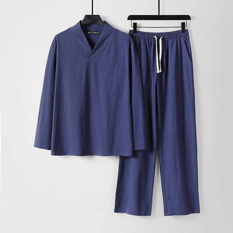 Buddha Stones Cross-Collars Cotton Tang Suit Hanfu Top Pants Clothing Men's Set - DarkSlateBlue - US/UK/AU54，EU64 (9XL) - image 16
