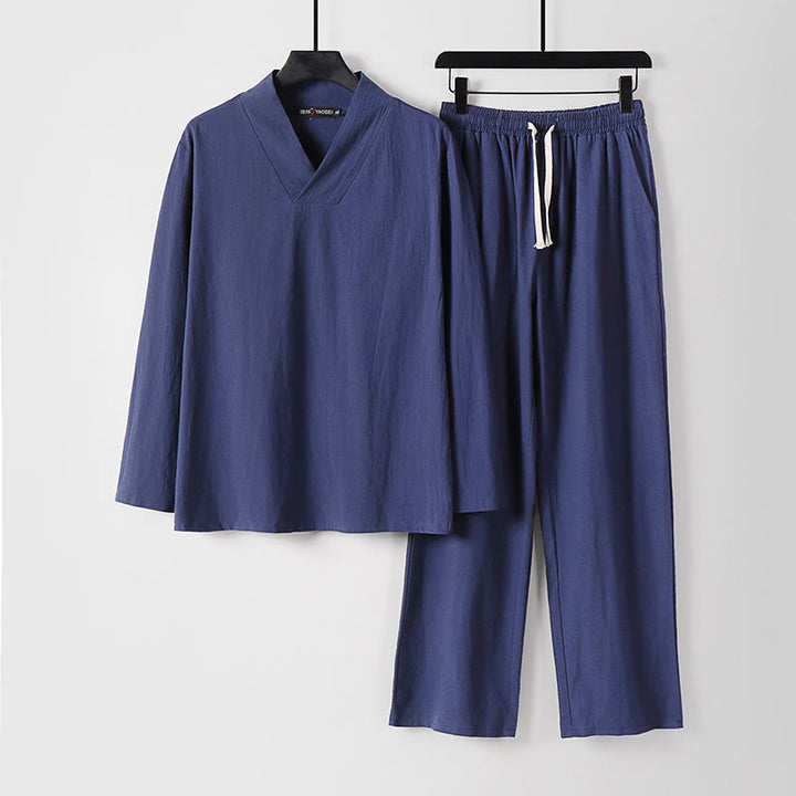 Buddha Stones Cross-Collars Cotton Tang Suit Hanfu Top Pants Clothing Men's Set - DarkSlateBlue - US/UK/AU54，EU64 (9XL) - image 16