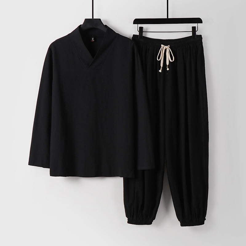 Buddha Stones Cross-Collars Cropped Bloomers Cotton Tang Suit Hanfu Top Pants Clothing Men's Set - Black - US/UK/AU54，EU64 (9XL) - image 9
