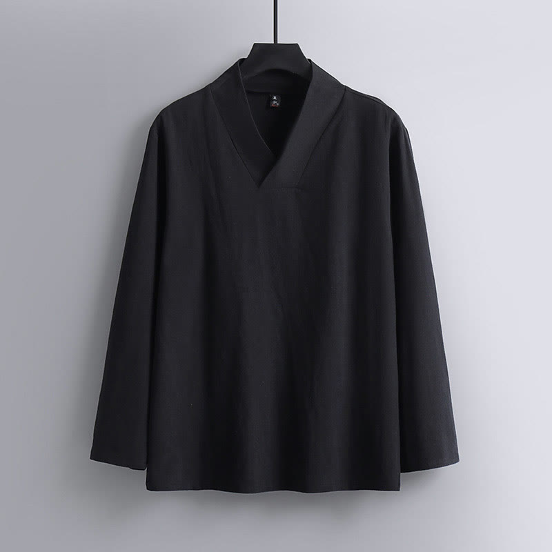 Buddha Stones Cross-Collars Cropped Bloomers Cotton Tang Suit Hanfu Top Pants Clothing Men's Set - image 11