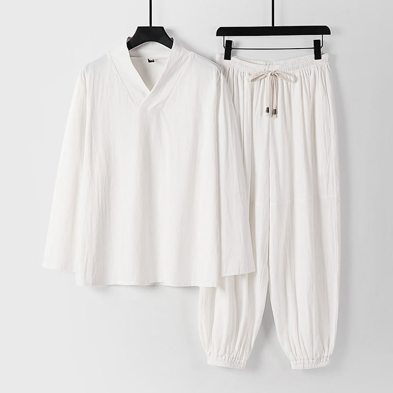 Buddha Stones Cross-Collars Cropped Bloomers Cotton Tang Suit Hanfu Top Pants Clothing Men's Set - White - US/UK/AU54，EU64 (9XL) - image 17
