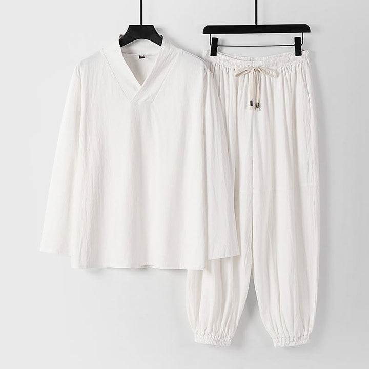Buddha Stones Cross-Collars Cropped Bloomers Cotton Tang Suit Hanfu Top Pants Clothing Men's Set - White - US/UK/AU54，EU64 (9XL) - image 17