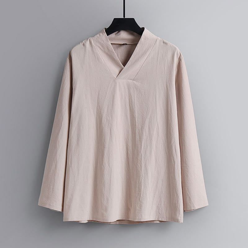 Buddha Stones Cross-Collars Cropped Bloomers Cotton Tang Suit Hanfu Top Pants Clothing Men's Set - image 1