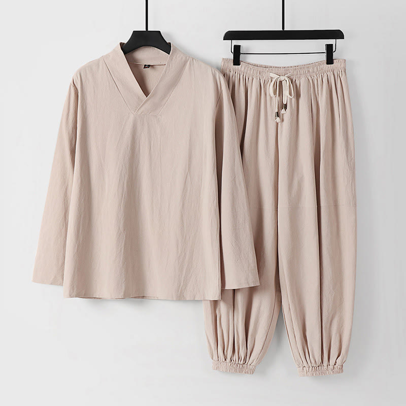 Buddha Stones Cross-Collars Cropped Bloomers Cotton Tang Suit Hanfu Top Pants Clothing Men's Set - Bisque - US/UK/AU54，EU64 (9XL) - image 1