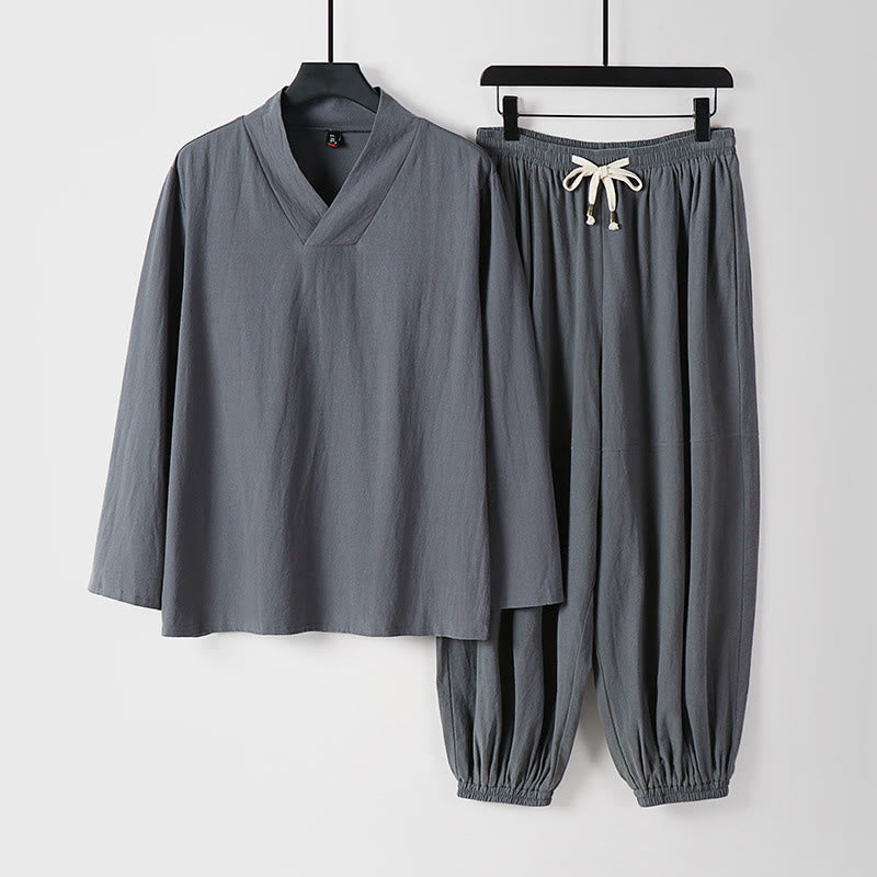 Buddha Stones Cross-Collars Cropped Bloomers Cotton Tang Suit Hanfu Top Pants Clothing Men's Set - Gray - US/UK/AU54，EU64 (9XL) - image 23
