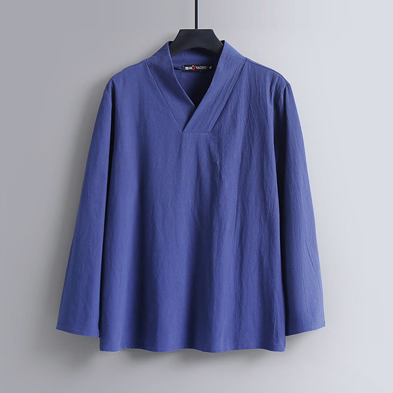 Buddha Stones Cross-Collars Cropped Bloomers Cotton Tang Suit Hanfu Top Pants Clothing Men's Set - image 21