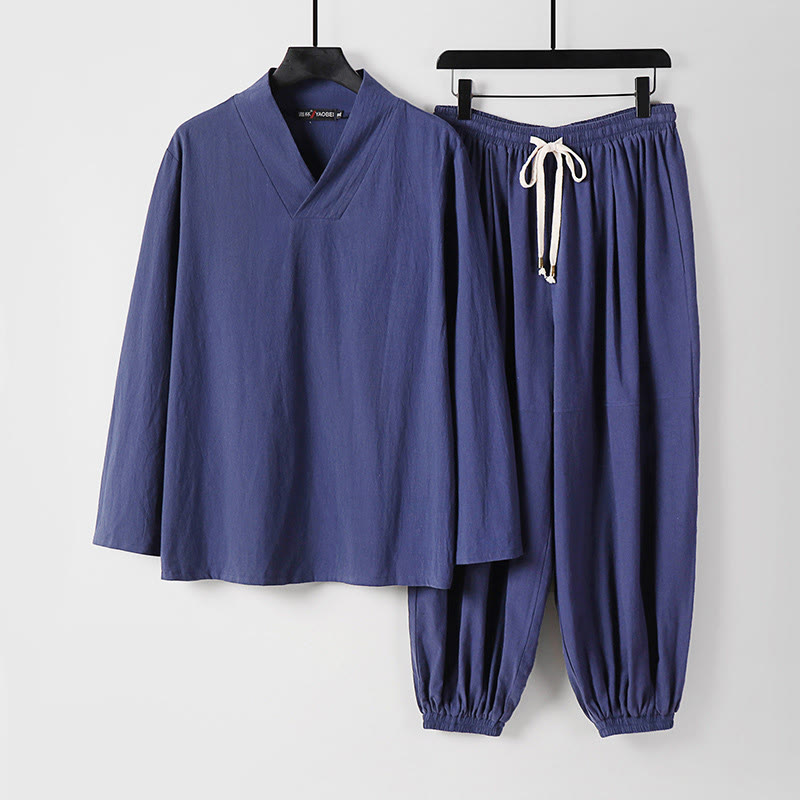 Buddha Stones Cross-Collars Cropped Bloomers Cotton Tang Suit Hanfu Top Pants Clothing Men's Set - DarkSlateBlue - US/UK/AU54，EU64 (9XL) - image 20