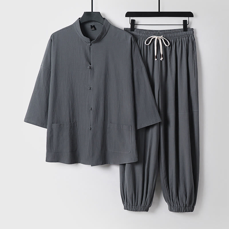 Buddha Stones Three-Quarter Sleeves Cropped Bloomers Cotton Top Pants Clothing Men's Set - Gray - US/UK/AU50，EU60 (7XL) - image 1