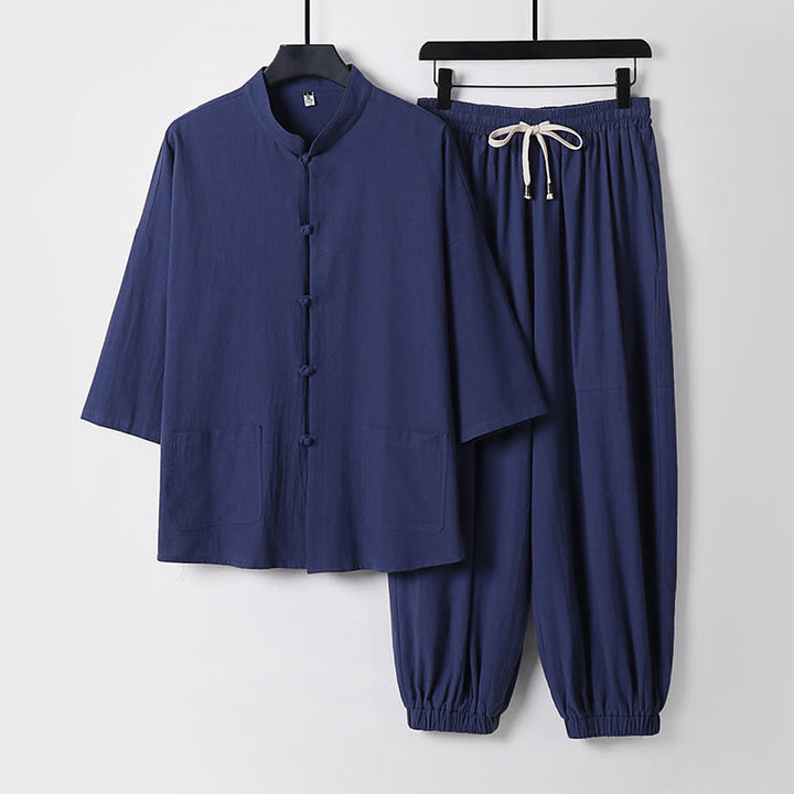 Buddha Stones Three-Quarter Sleeves Cropped Bloomers Cotton Top Pants Clothing Men's Set - DarkSlateBlue - US/UK/AU50，EU60 (7XL) - image 9