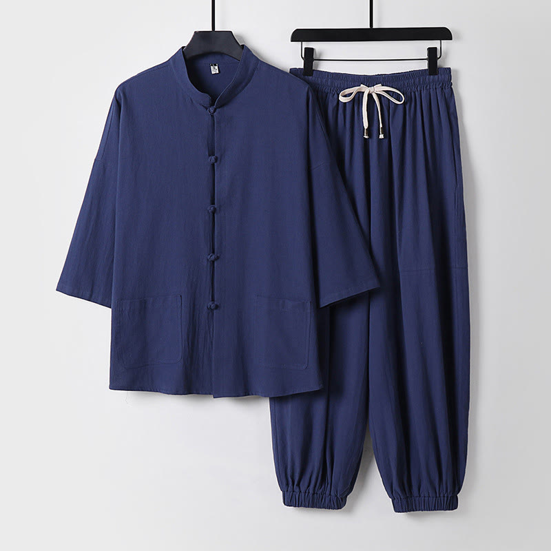 Buddha Stones Three-Quarter Sleeves Cropped Bloomers Cotton Top Pants Clothing Men's Set - DarkSlateBlue - US/UK/AU50，EU60 (7XL) - image 8