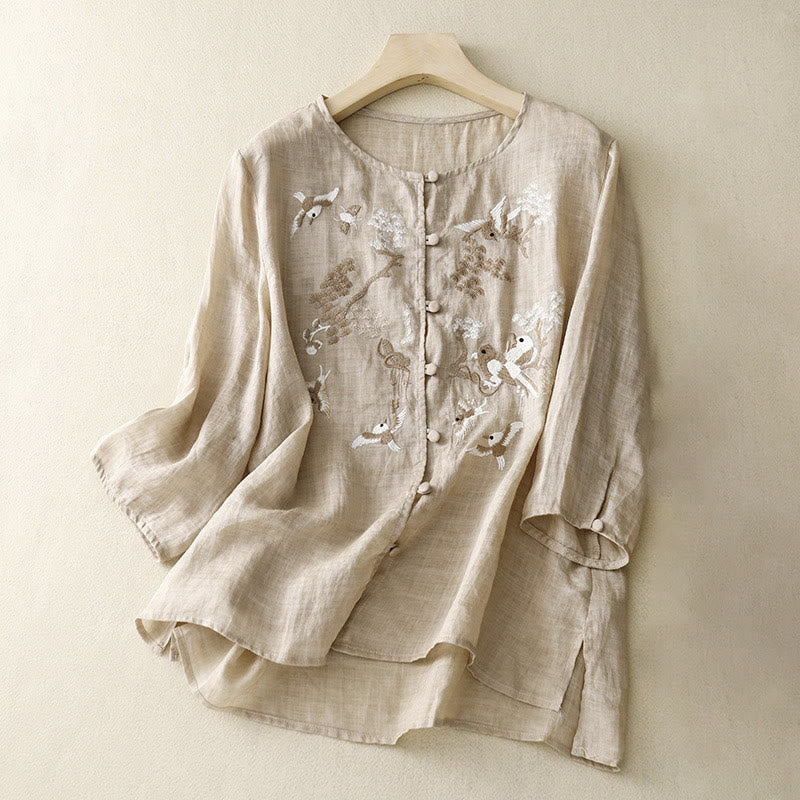 Buddha Stones Round Neck Casual Blouse Embroidery Long Sleeve Shirt Cotton Linen Top Women's Shirts - Tan - US/UK/AU40，EU50 (2XL) - image 6