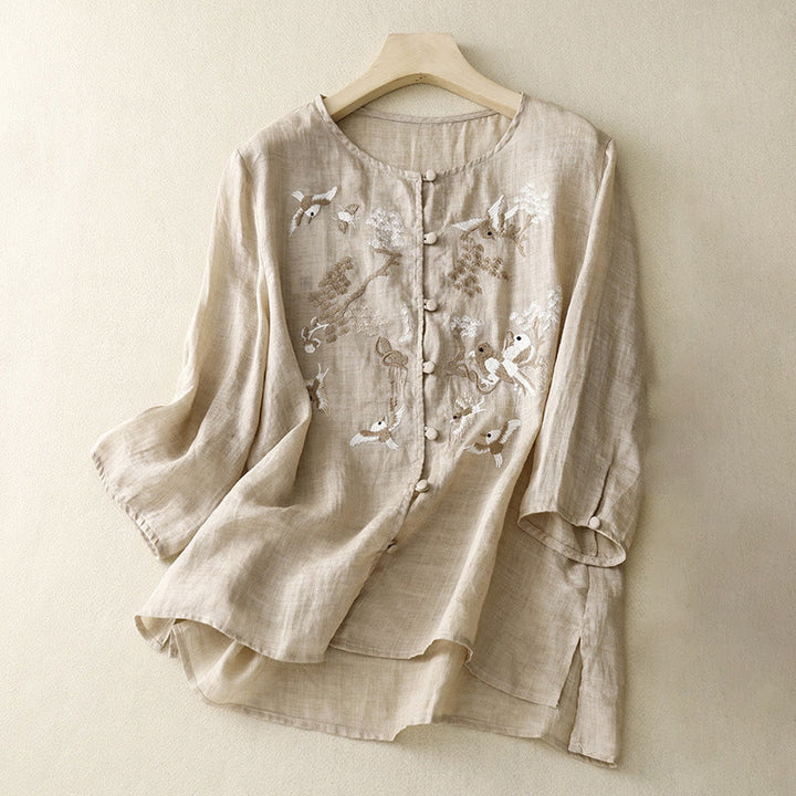 Buddha Stones Round Neck Casual Blouse Embroidery Long Sleeve Shirt Cotton Linen Top Women's Shirts - Tan - US/UK/AU40，EU50 (2XL) - image 6