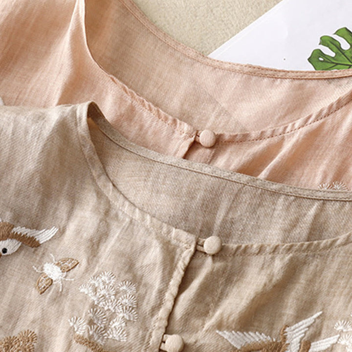 Buddha Stones Round Neck Casual Blouse Embroidery Long Sleeve Shirt Cotton Linen Top Women's Shirts - image 16