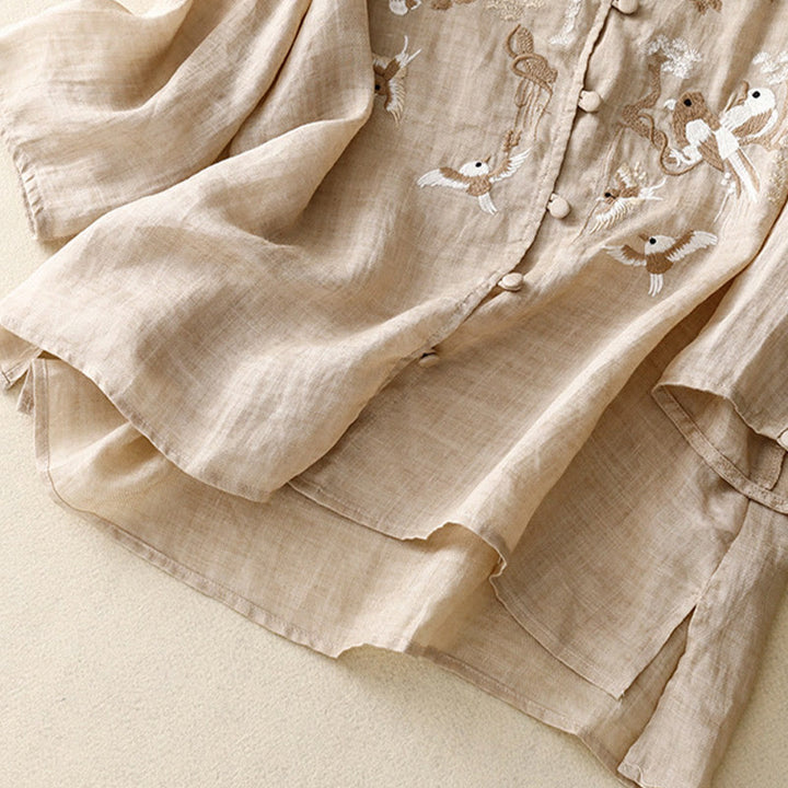 Buddha Stones Round Neck Casual Blouse Embroidery Long Sleeve Shirt Cotton Linen Top Women's Shirts - image 12