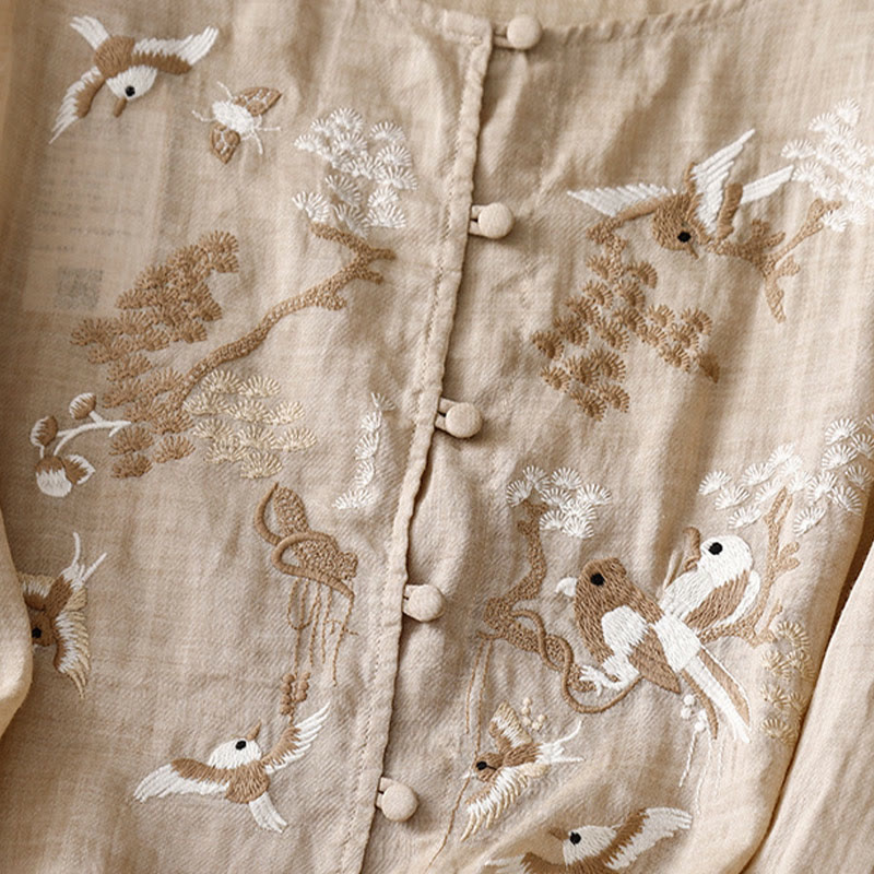 Buddha Stones Round Neck Casual Blouse Embroidery Long Sleeve Shirt Cotton Linen Top Women's Shirts - image 9