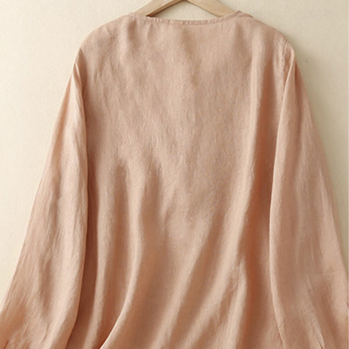 Buddha Stones Casual Embroidery Flower Round Neck Long Sleeve Cotton Linen Top Women's Shirts - image 1