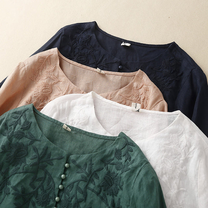 Buddha Stones Casual Embroidery Flower Round Neck Long Sleeve Cotton Linen Top Women's Shirts - image 30
