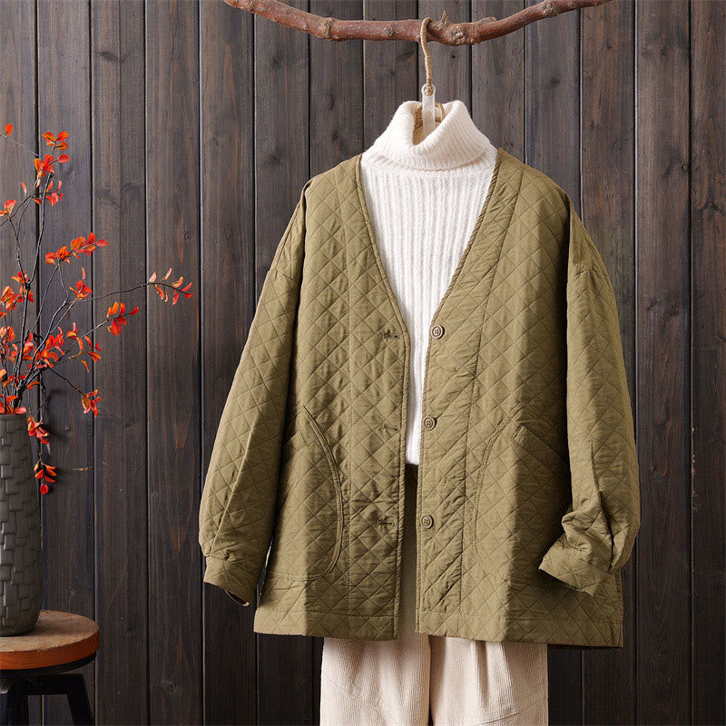 Buddha Stones Spring Autumn Solid Color Plaid Design Long Sleeve Cotton Jacket With Pockets